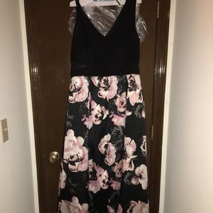 solid & floral print high-low gown
